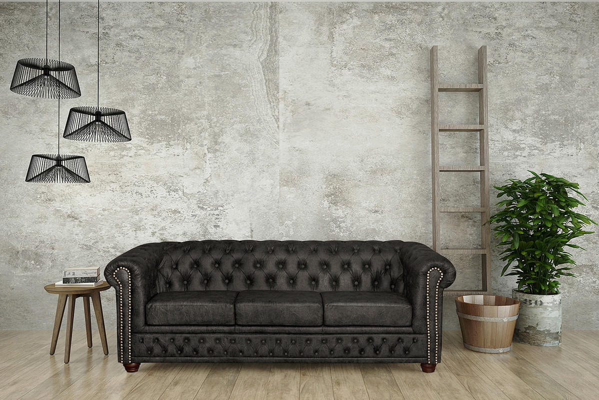 SITZGARNITUR YORK in Lederlook Schwarz  - Schwarz/Braun, Design, Holz/Textil (203/72/86cm) - P & B