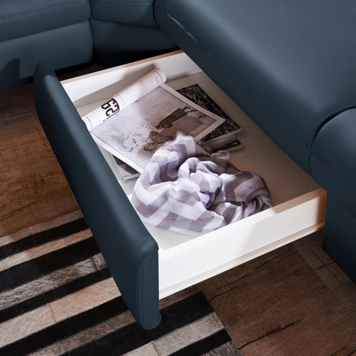 ECKSOFA in Echtleder Dunkelblau  - Alufarben/Dunkelblau, Design, Leder/Metall (271/239cm) - Cantus
