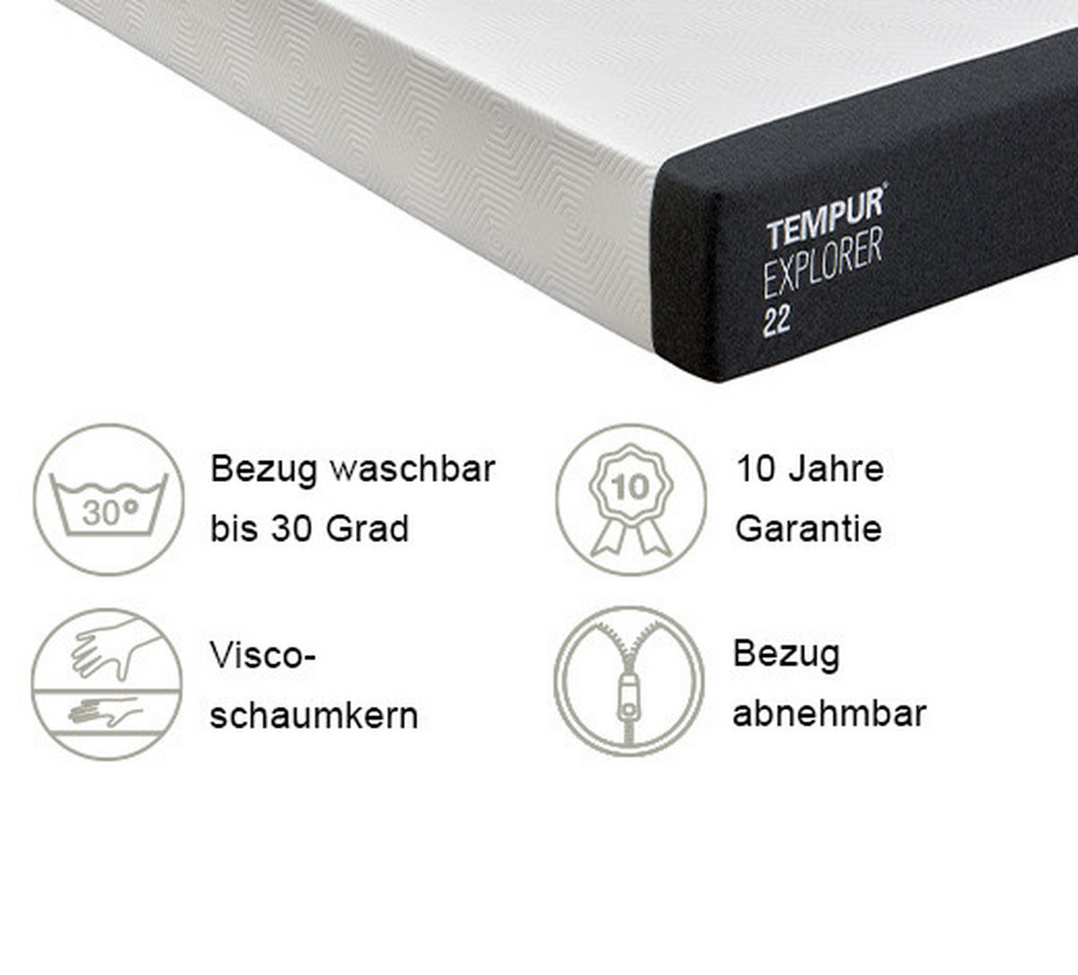 VISCOMATRATZE 160/200 cm Höhe ca. 22 cm  - Weiß/Grau, Basics, Textil (160/200cm) - Tempur