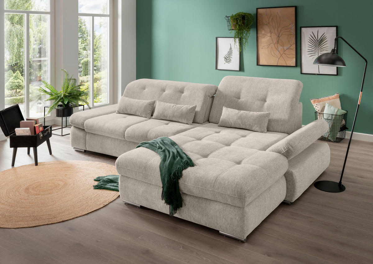 ECKSOFA in Chenille Beige  - Chromfarben/Beige, Design, Textil/Metall (300/196cm) - Livetastic