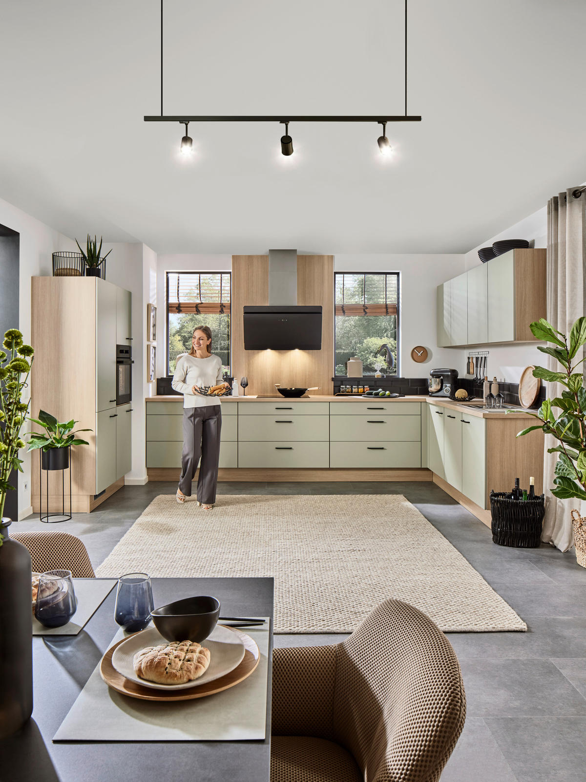 ECKKÜCHE  Eichefarben, Salbeigrün  - Eichefarben/Salbeigrün, Basics, Holzwerkstoff/Metall (120/365/245cm) - Venda