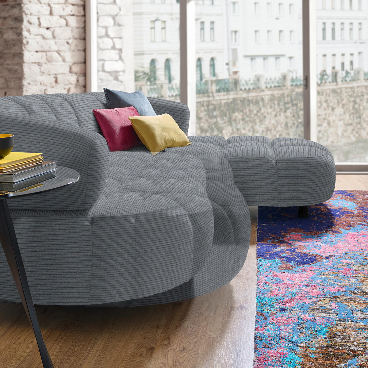 ECKSOFA in Cord, Velours Dunkelgrau  - Dunkelgrau/Schwarz, Design, Holz/Textil (284/183cm) - Welnova