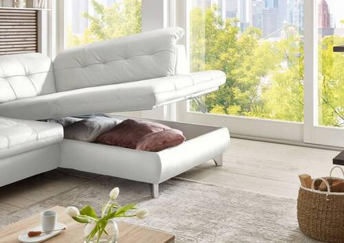ECKSOFA in Echtleder Weiss  - Weiss/Alufarben, Design, Leder/Metall (309/211cm) - Beldomo Speed