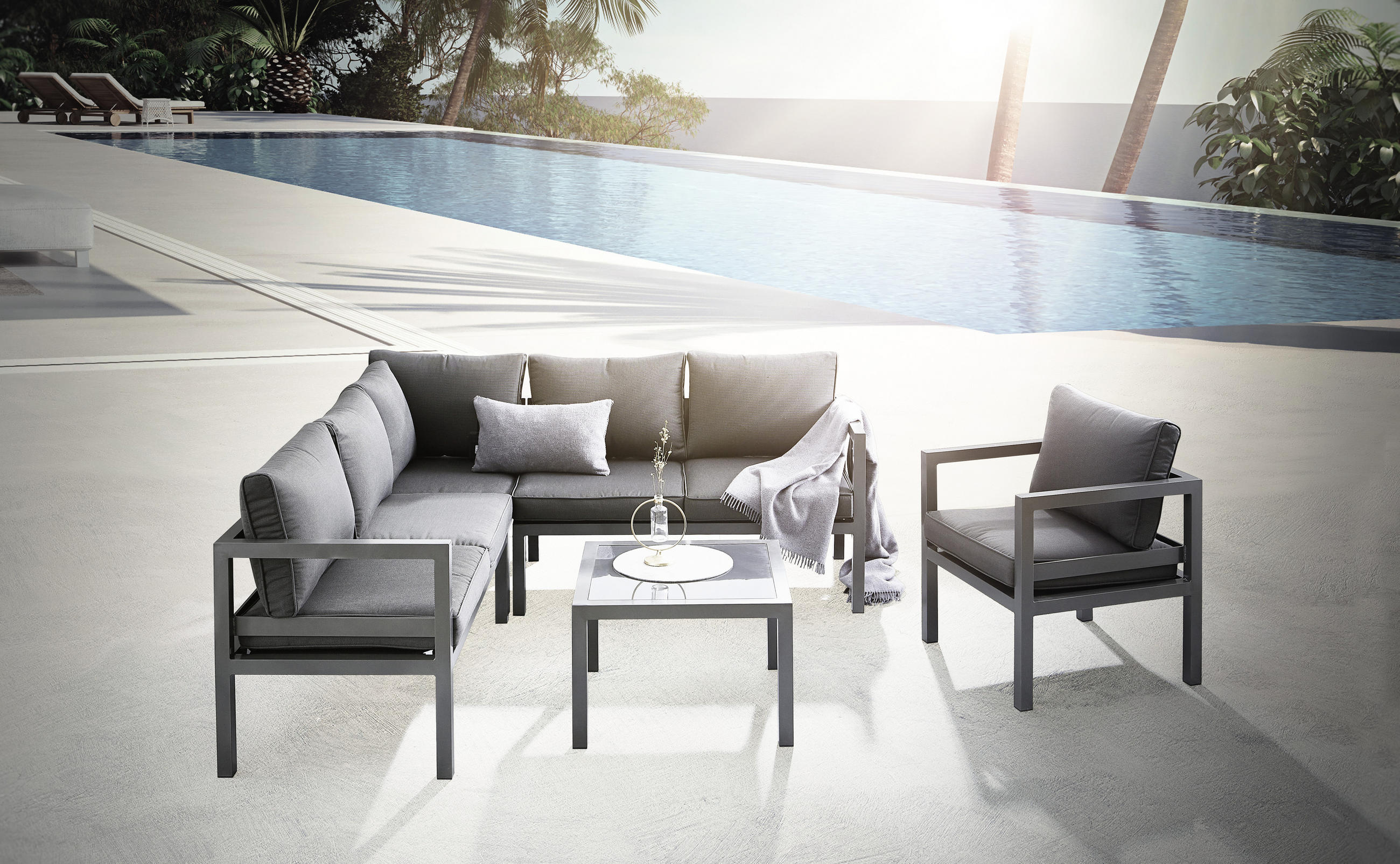 MOBILIER TERASĂ ȘI LOUNGE 18 piese  182/182 cm   - gri închis, Design, sticlă/metal (182/182cm) - Ambia Garden