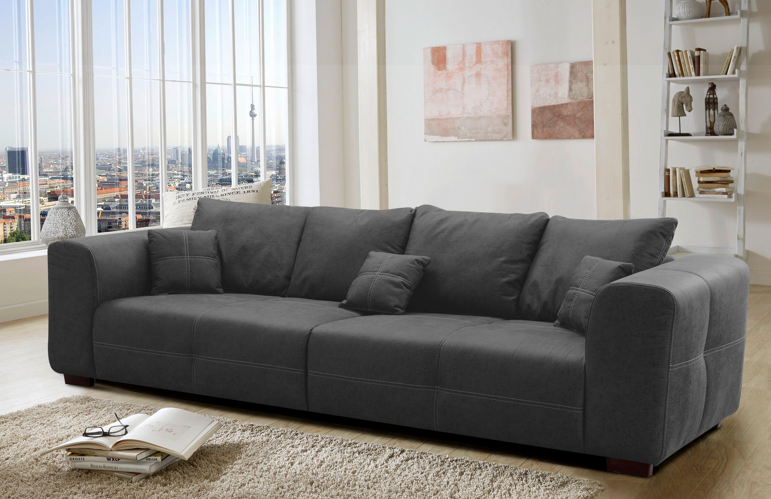 BIGSOFA Flachgewebe Anthrazit  - Anthrazit/Beige, KONVENTIONELL, Holz/Textil (287/69/108cm) - Cantus