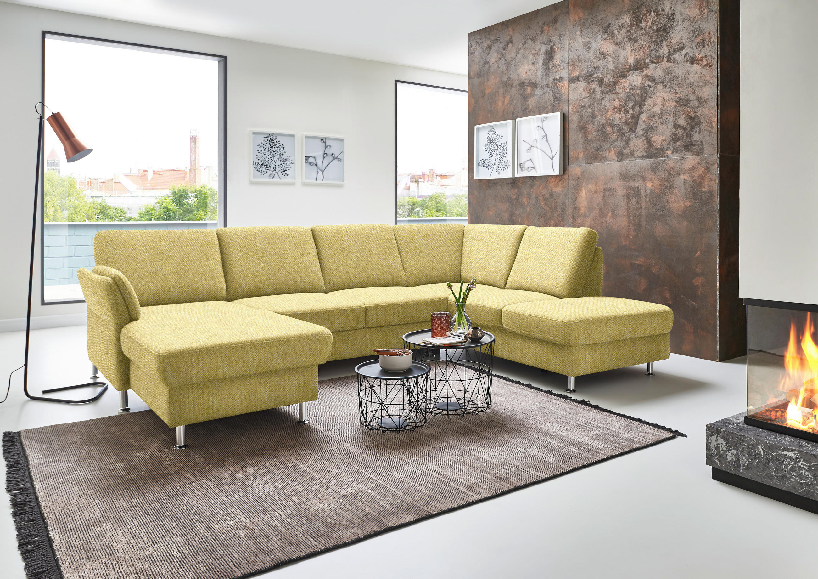 WOHNLANDSCHAFT  in Flachgewebe Hellgrün, Limette  - Chromfarben/Limette, KONVENTIONELL, Textil/Metall (168/305/200cm) - Voleo