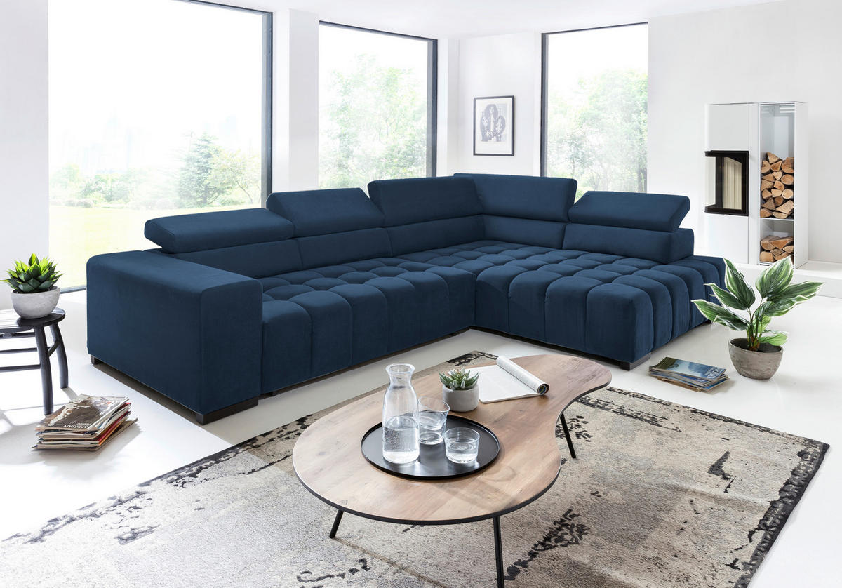 ECKSCHLAFSOFA in Blau Textil   - Blau/Schwarz, Design, Holz/Textil (307/201cm) - Livetastic