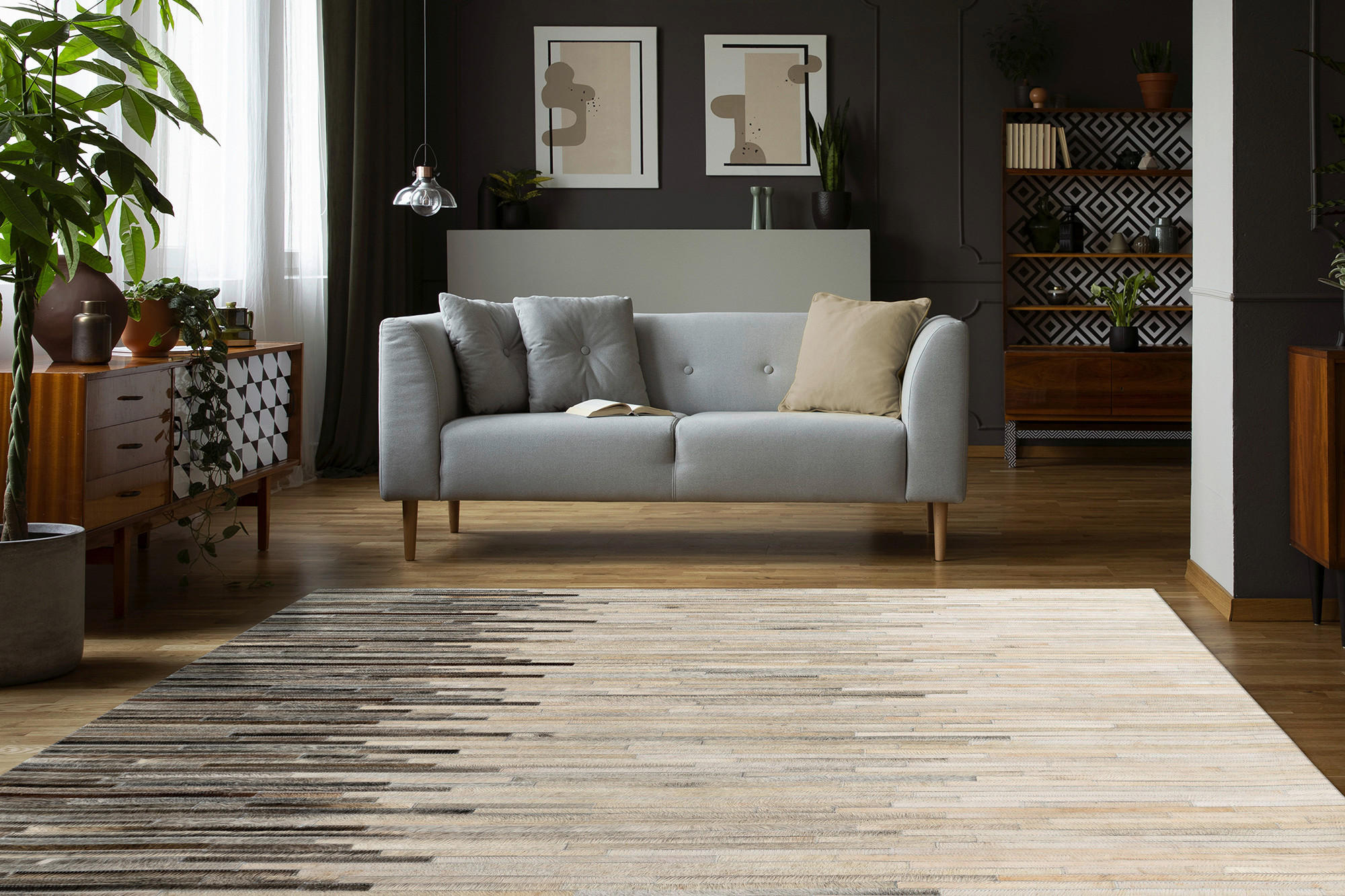 LEDERTEPPICH 160/230 cm Creme, Schwarz  - Creme/Schwarz, KONVENTIONELL, Leder/Textil (160/230cm)