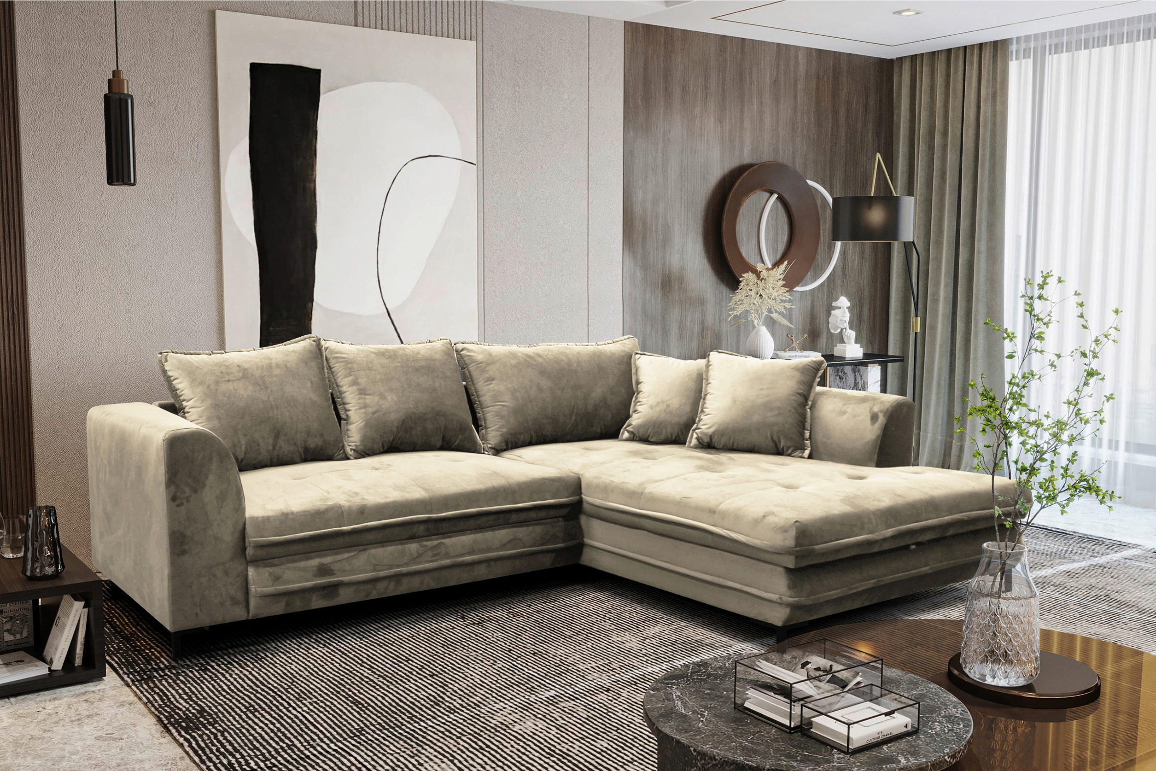 ECKSCHLAFSOFA Velours Beige  - Beige/Schwarz, Design, Textil/Metall (277/187cm) - Livetastic