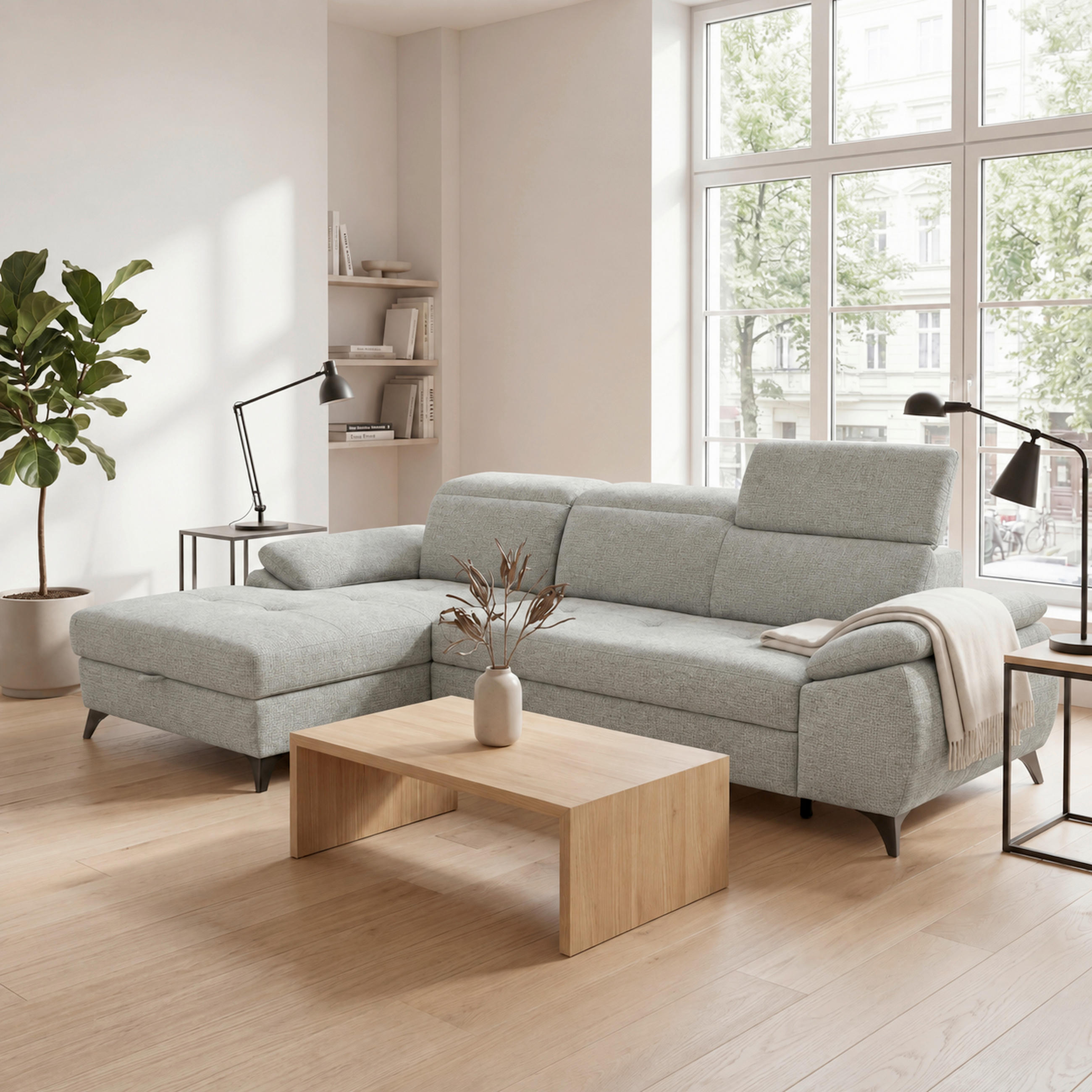 ECKSOFA TAOS Hellgrau Struktur Bettkasten, Rücken echt, Kopfteilverstellung, Stauraum  - Hellgrau/Schwarz, Basics, Holz/Textil (281/166cm) - MID.YOU