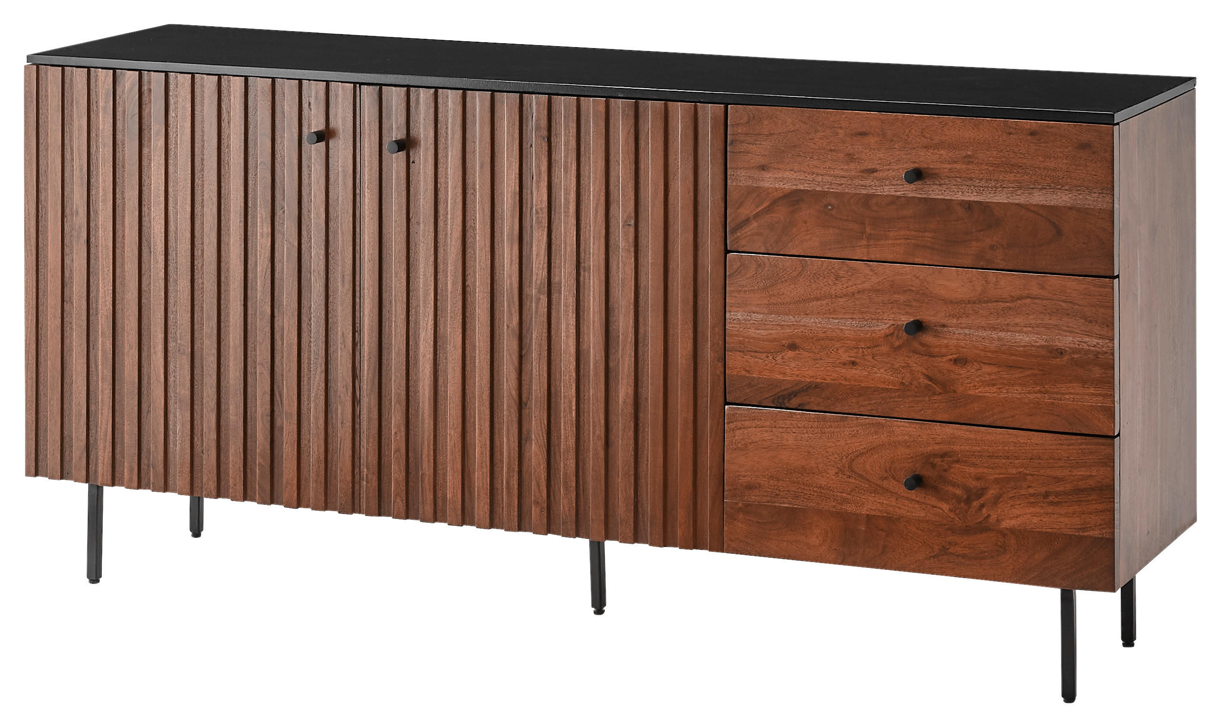 Thumbnail - Mid.you Sideboard, Schwarz, Walnuss, Metall, Akazie, massiv, 1 Fächer, 3 Schubladen, 170x85x40 cm, Holzmöbel, Kleinmöbel...