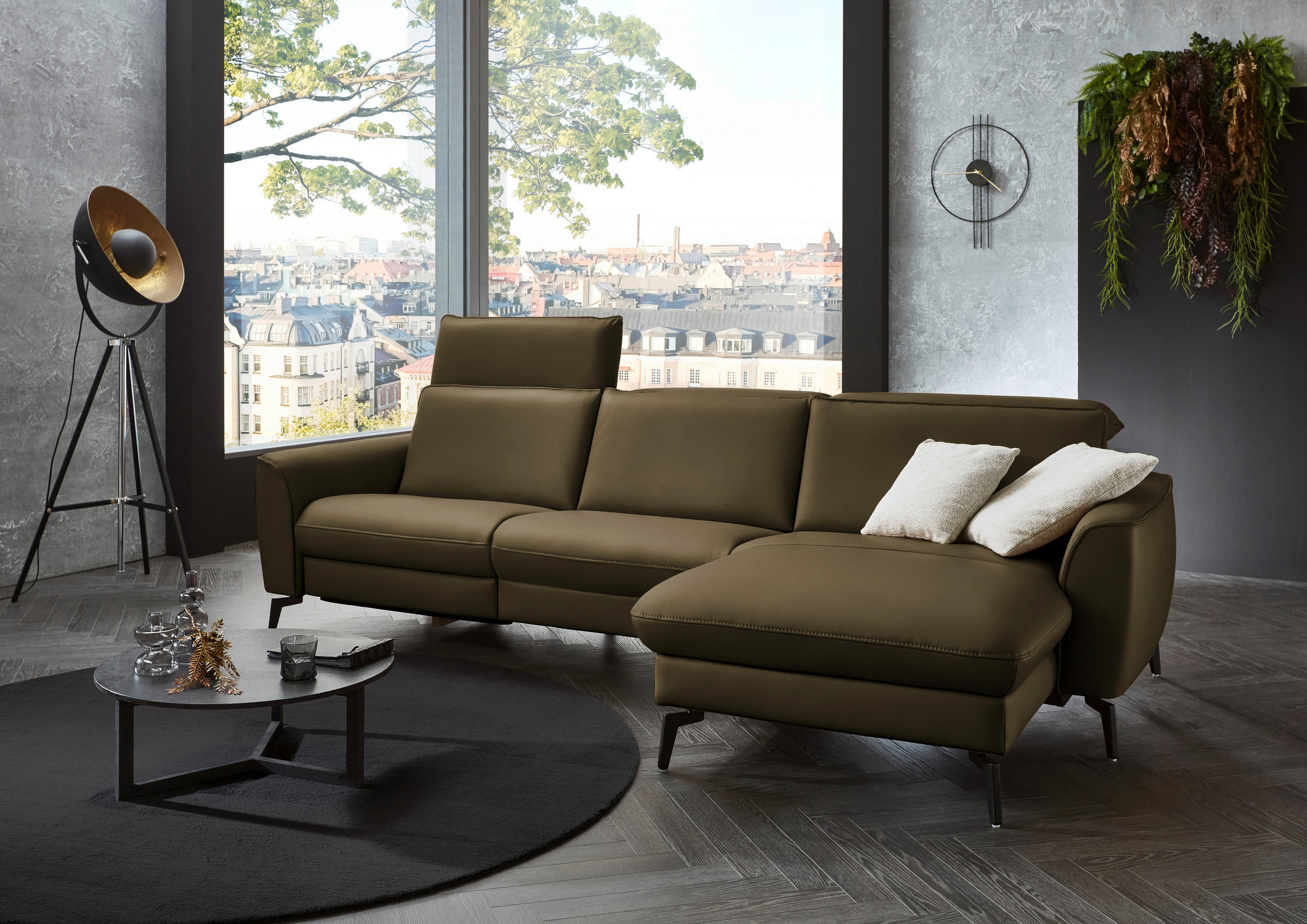 ECKSOFA in Echtleder Grün  - Schwarz/Grün, Natur, Leder/Metall (281/168cm) - Valdera