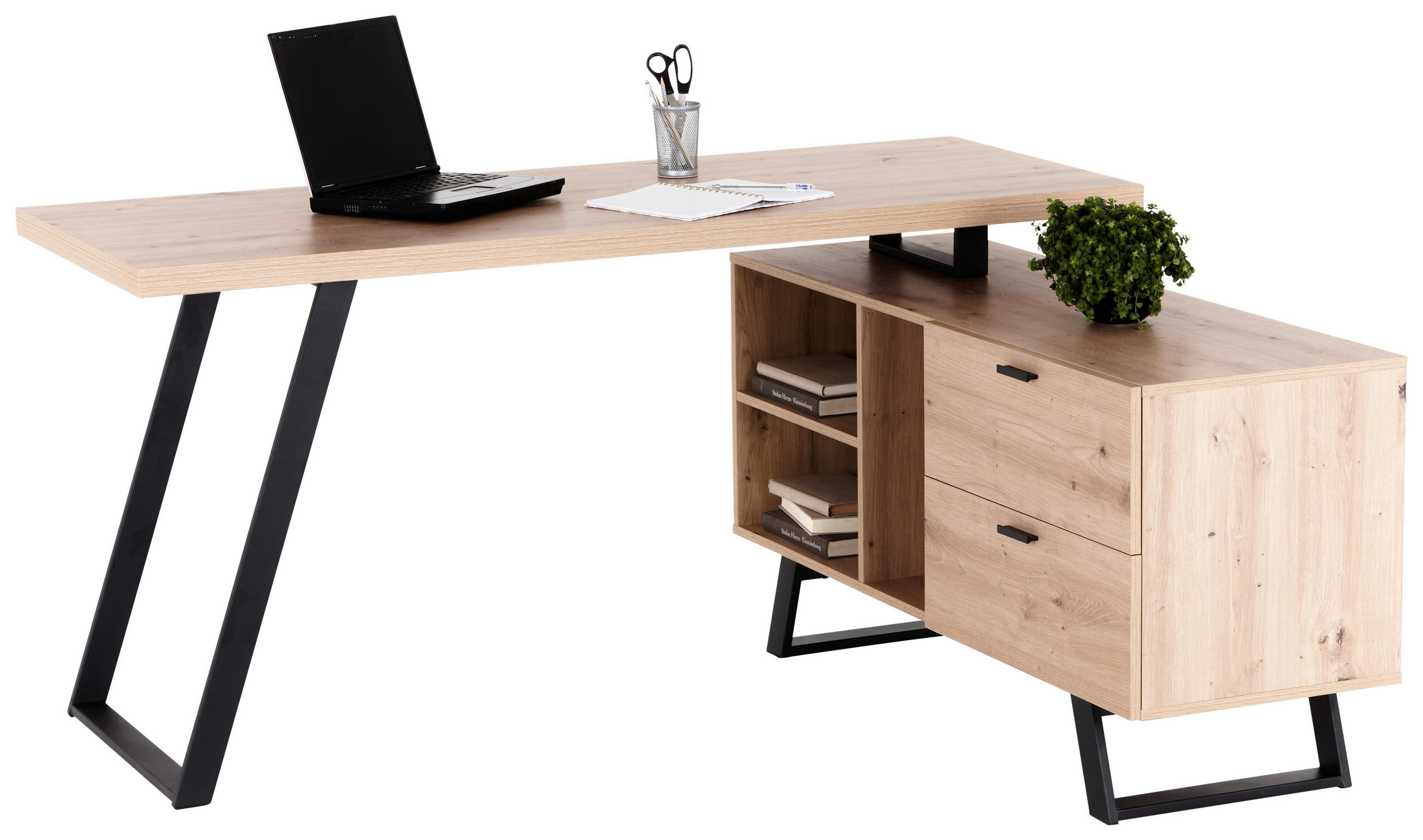 Livetastic Eckschreibtisch Schwarz, Eiche 150x75x60-120 cm