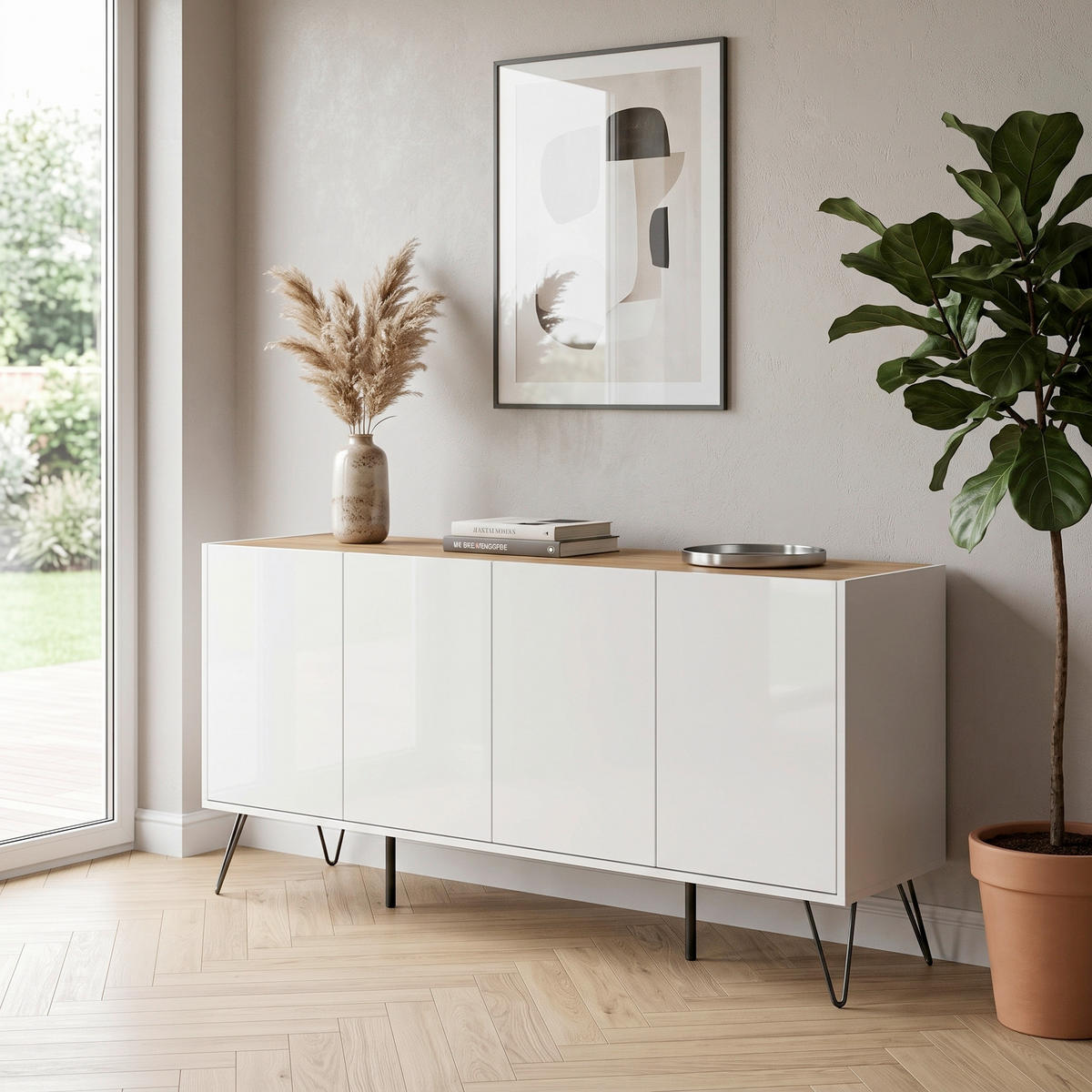 SIDEBOARD Posseik Industrial 155/75,8/42 cm  - Weiß Hochglanz/Eichefarben, Design, Holzwerkstoff/Metall (155/75,8/42cm) - MID.YOU