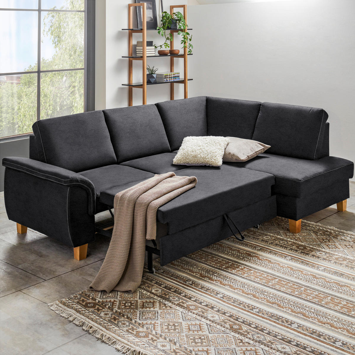 ECKSOFA Dunkelgrau Flachgewebe  - Eichefarben/Dunkelgrau, Design, Holz/Textil (253/185cm) - Cantus