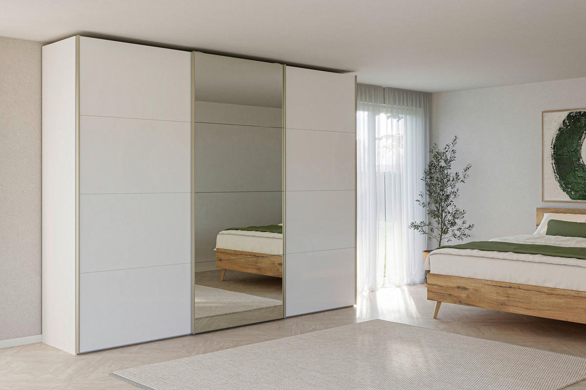 SCHWEBETÜRENSCHRANK 303/236/65 cm 3-türig Weiß  - Edelstahlfarben/Weiß, Design, Glas/Holzwerkstoff (303/236/65cm) - Jutzler
