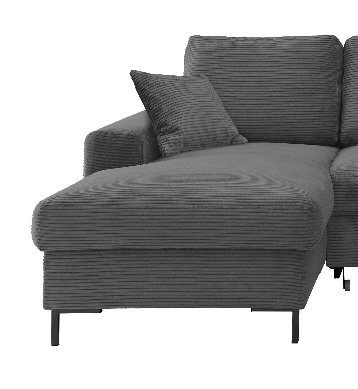 ECKSCHLAFSOFA  mit Rücken echt Cord Grau  - Schwarz/Grau, KONVENTIONELL, Textil/Metall (143/237cm) - Livetastic