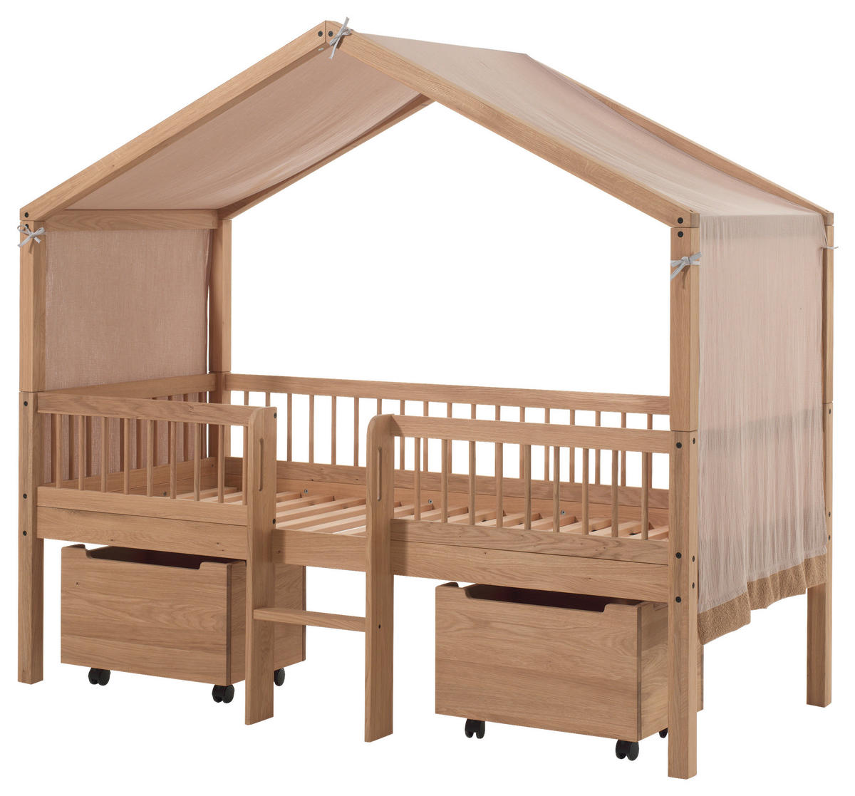 HAUSBETT Absturzsicherung, Leiter, Rollrost, Bettschublade 90/200 cm  in Eichefarben  - Eichefarben/Naturfarben, MODERN, Holz (90/200cm) - MID.YOU