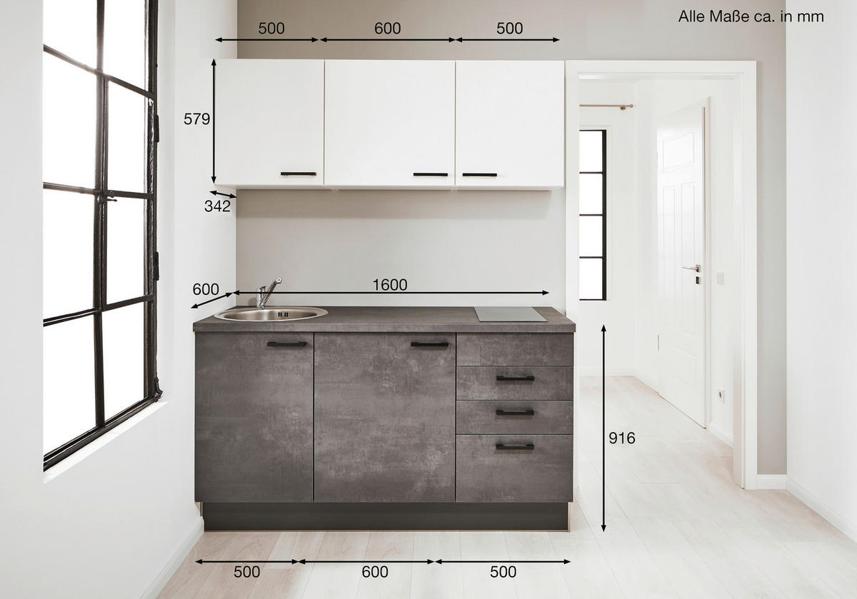 KÜCHENBLOCK 160 cm   in Graphitfarben, Weiß  - Schwarz/Graphitfarben, Design, Holzwerkstoff/Metall (160cm) - Pino