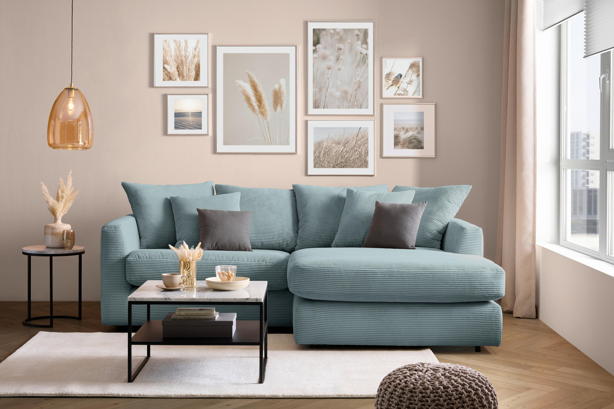ECKSOFA Mintgrün Cord  - Schwarz/Mintgrün, Design, Kunststoff/Textil (235/175cm) - home24