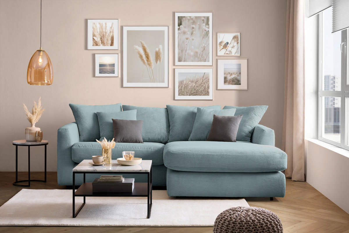 ECKSOFA in Cord Mintgrün  - Schwarz/Mintgrün, Design, Kunststoff/Textil (235/175cm) - home24