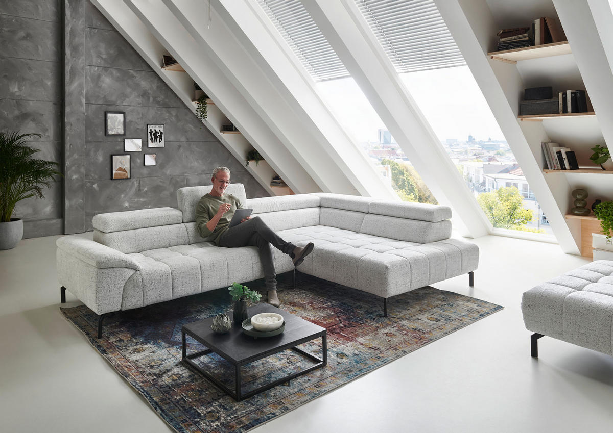 ECKSOFA in Chenille Grauweiss  - Schwarz/Grauweiss, Design, Textil/Metall (323/222cm) - Beldomo Style