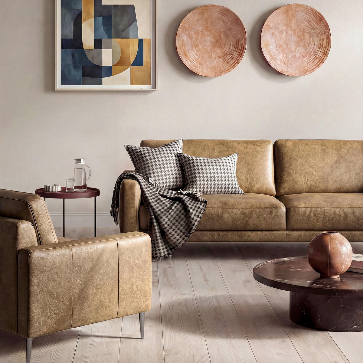 3-SITZER-SOFA SPRING in Lederlook Echtleder Hellbraun  - Hellbraun/Schwarzchrom, Design, Leder/Textil (187/85/92cm) - Livetastic