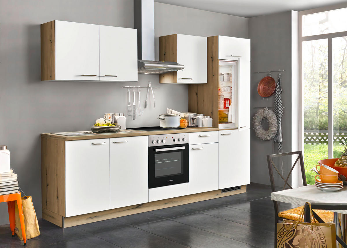 KÜCHENBLOCK 280 cm   in Weiß, Eichefarben  - Edelstahlfarben/Eichefarben, Design, Holzwerkstoff/Metall (280cm) - Welnova