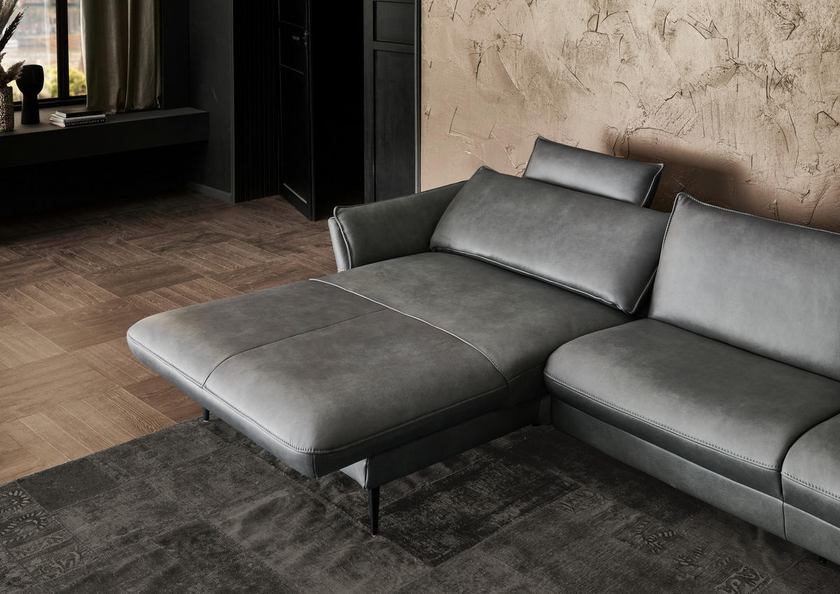 ECKSOFA in Echtleder Anthrazit  172/334 cm  - Anthrazit/Schwarz, Design, Leder/Metall (172/334cm) - Hukla