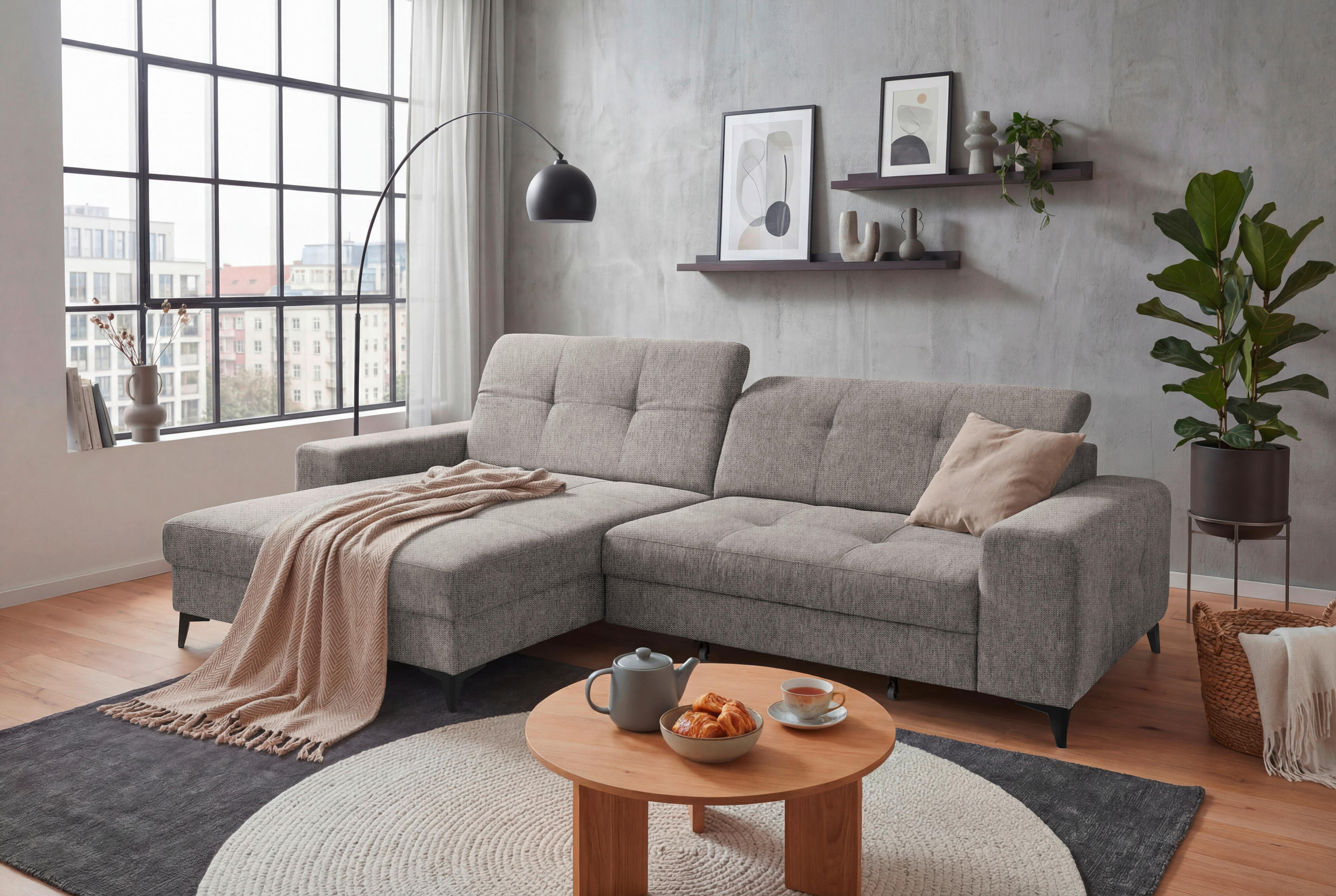 ECKSOFA Mikrovelours Taupe  - Taupe/Schwarz, Design, Kunststoff/Textil (182/328cm) - MID.YOU