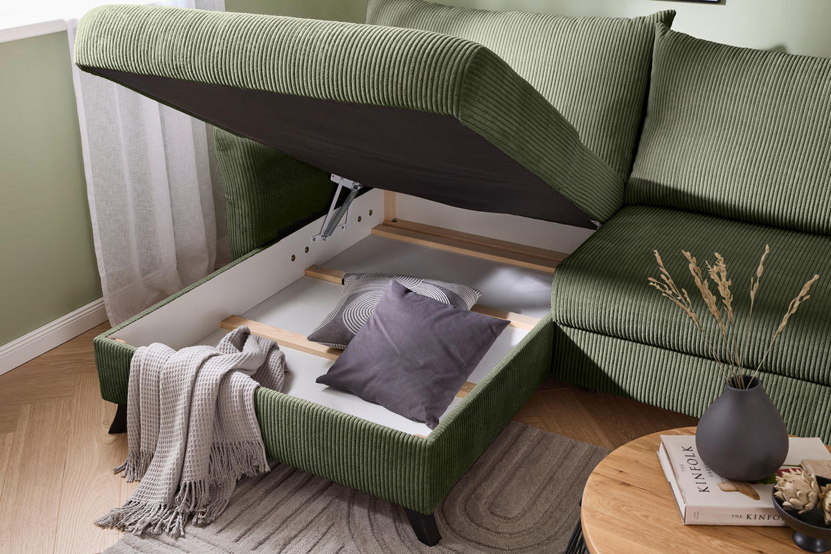 ECKSOFA Khaki Cord  - Khaki/Schwarz, ROMANTIK / LANDHAUS, Holz/Textil (245/159cm) - Stylife