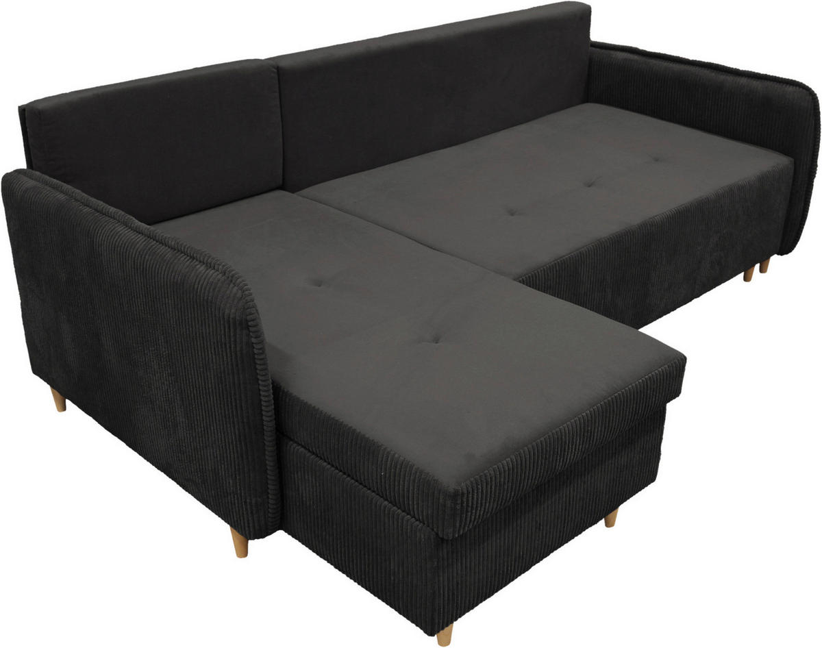 ECKSOFA TEDDY Dunkelgrau Cord, Bouclé Zierkissen, Rückenkissen, Bettkasten  - Dunkelgrau/Naturfarben, Design, Holz/Textil (142/215cm) - MID.YOU