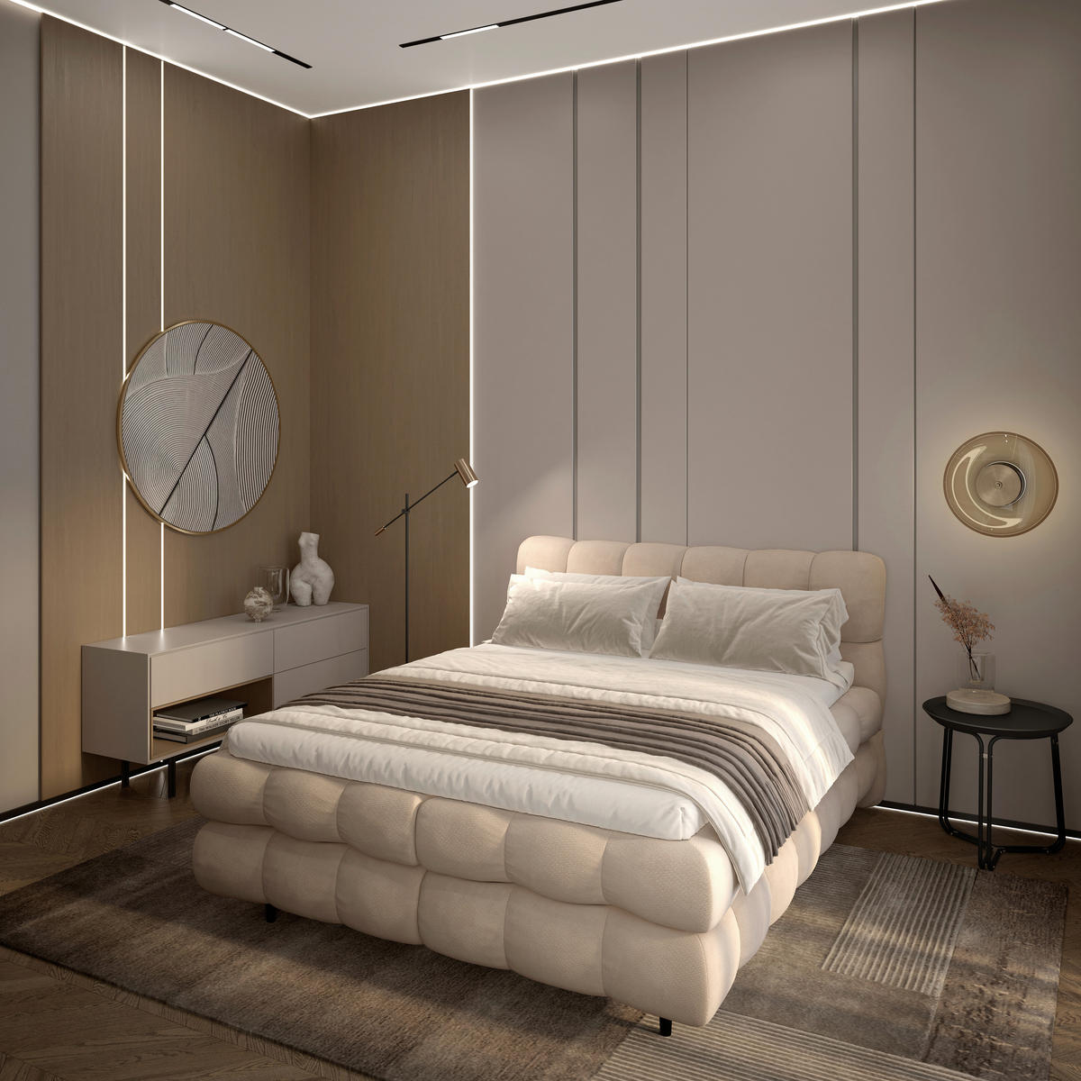 BOXBETT 200/200 cm,  in Creme, gepolstertes Kopfteil, Bettkasten, Topper, H3 + H3 = fest  - Creme/Schwarz, Design, Textil/Metall (200/200cm) - Ti'me