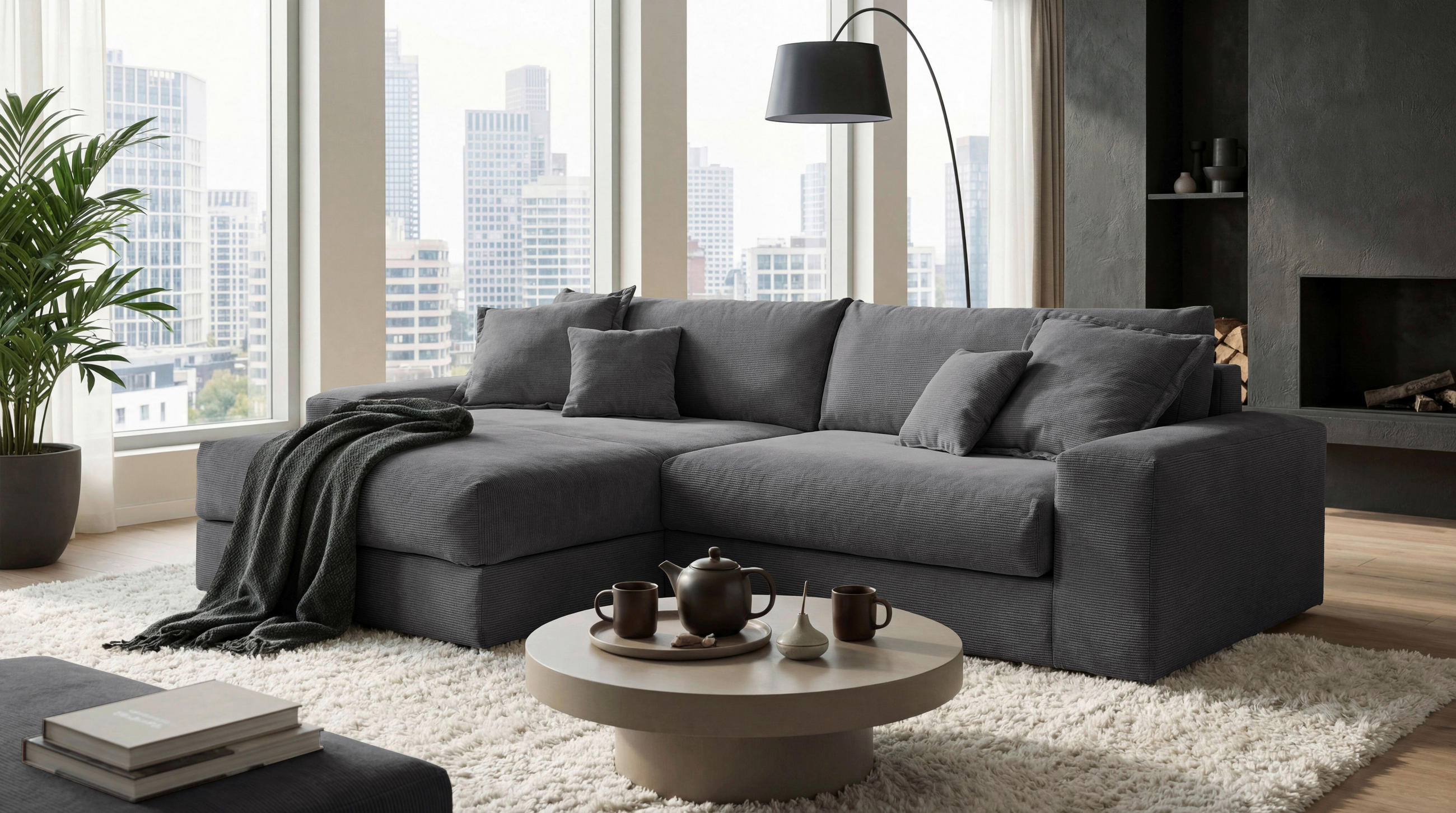 ECKSCHLAFSOFA  KAMIL Anthrazit Cord  - Anthrazit/Schwarz, MODERN, Kunststoff/Textil (180/297cm) - Livetastic