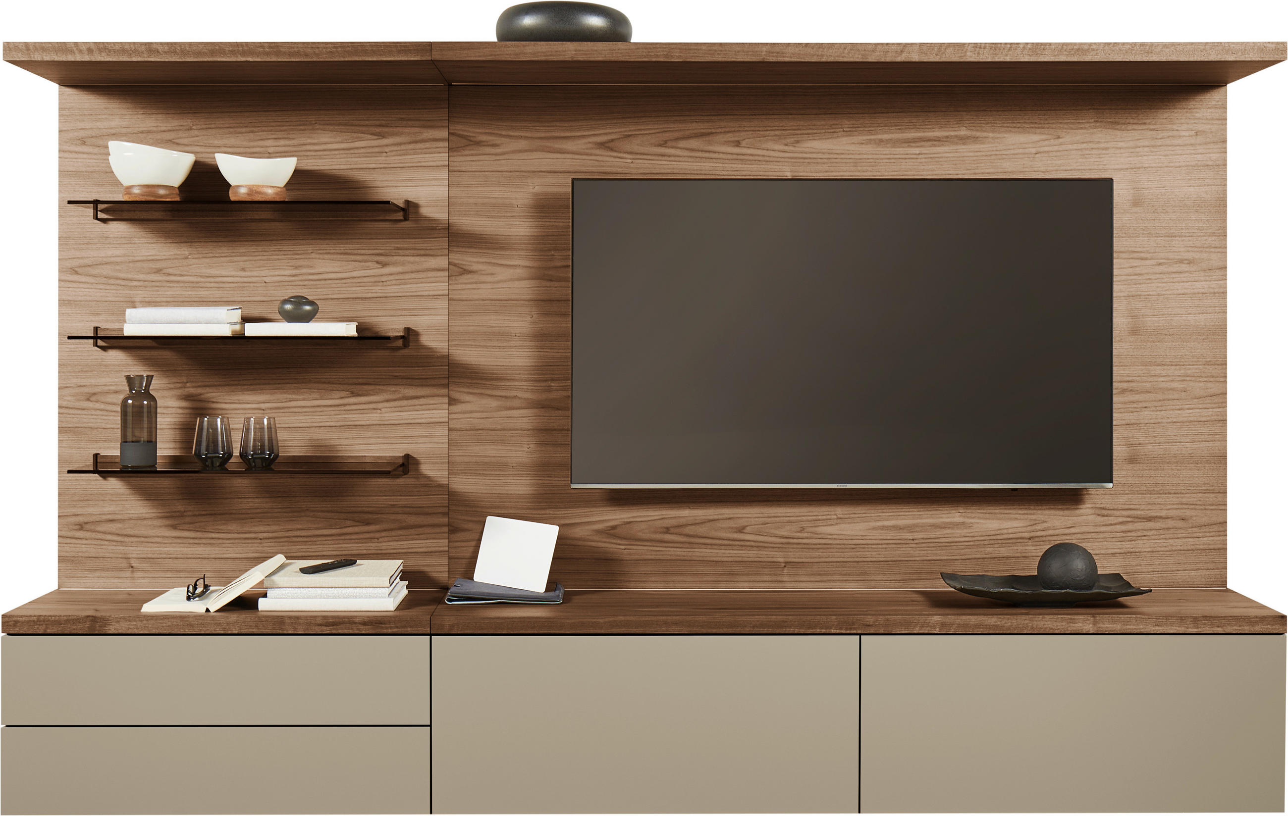 WOHNWAND in Nussbaumfarben, Taupe 270/182/46 cm - Taupe/Nussbaumfarben, Design, Glas/Holz (270/182/46cm) - Emilio Belluti