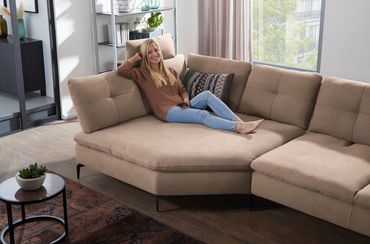 ECKSOFA in Flachgewebe Taupe  - Taupe/Schwarz, Design, Textil/Metall (157/344cm) - Chilliano