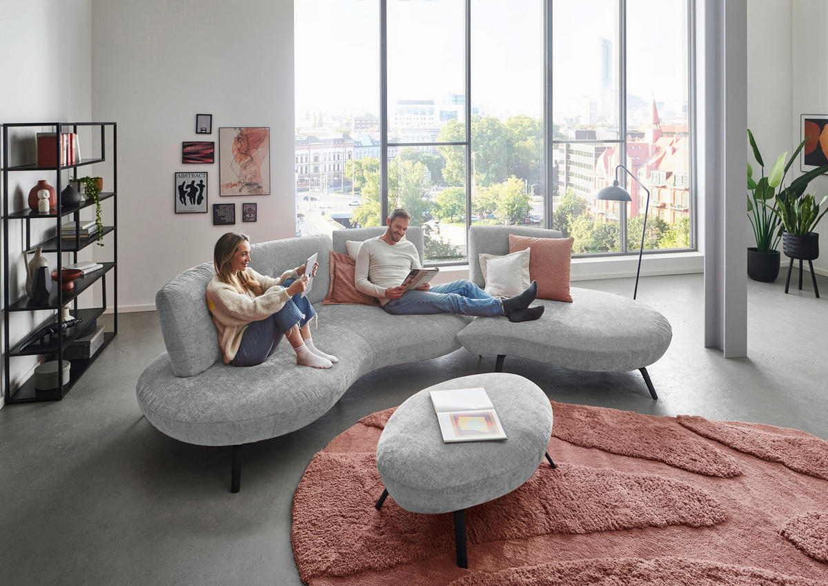 BIGSOFA Flachgewebe Hellgrau  - Hellgrau/Schwarz, Design, Textil/Metall (456/93/138cm) - Moderano