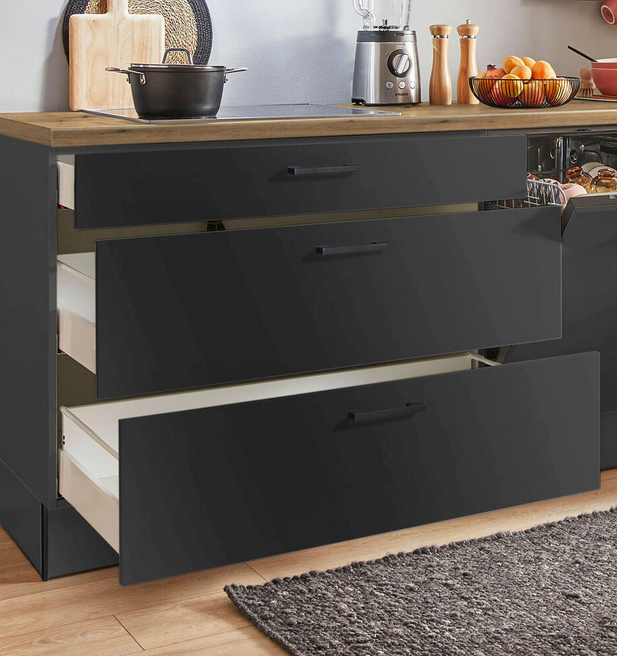 KÜCHENBLOCK PN 80 250 cm  in Graphitfarben, Eichefarben  - Eichefarben/Schwarz, Design, Holzwerkstoff/Metall (250cm) - Pino