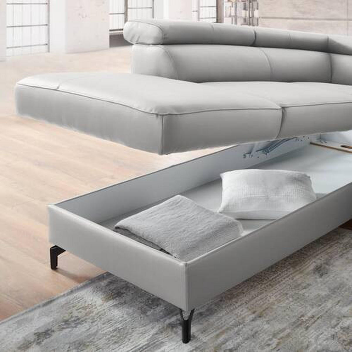ECKSOFA Hellgrau Kombination Echtleder/Lederlook Lederlook  - Hellgrau/Schwarz, Design, Leder/Textil (220/256cm) - Celina Home