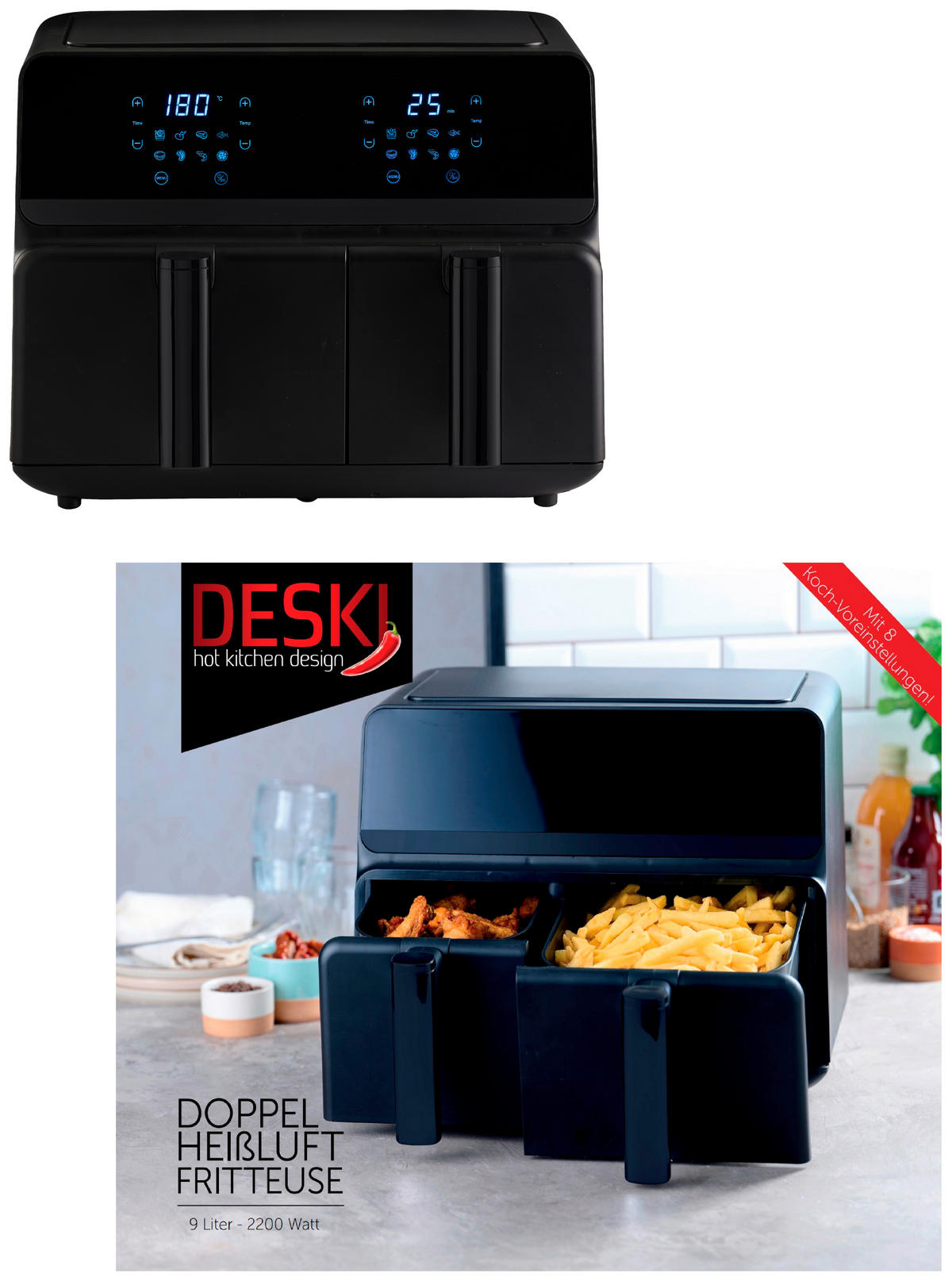 HEIßLUFTFRITTEUSE 3,5+5,5 L  - Schwarz, KONVENTIONELL, Kunststoff/Metall (40,2/35,2/43,2cm) - Atrigo