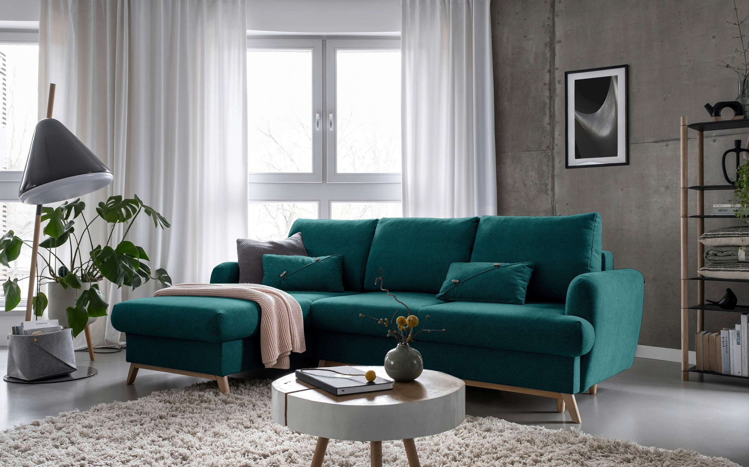 ECKSOFA in Chenille Türkis  - Türkis/Naturfarben, Holz/Textil (157/235cm) - MID.YOU
