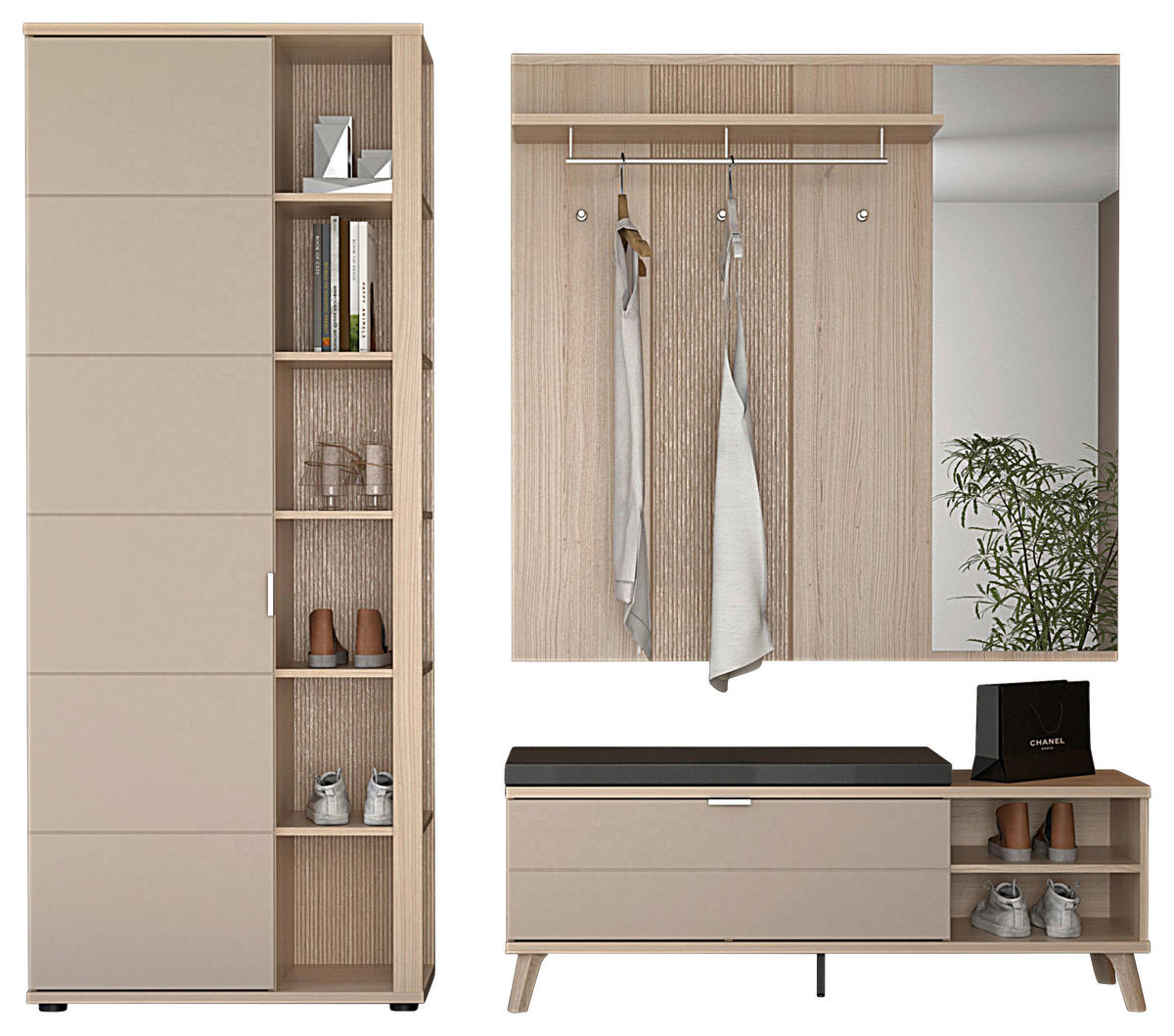 GARDEROBE 5-teilig  in 225/199/38 cm  - Kaschmir/Eichefarben, Design, Holzwerkstoff (225/199/38cm) - Stylife