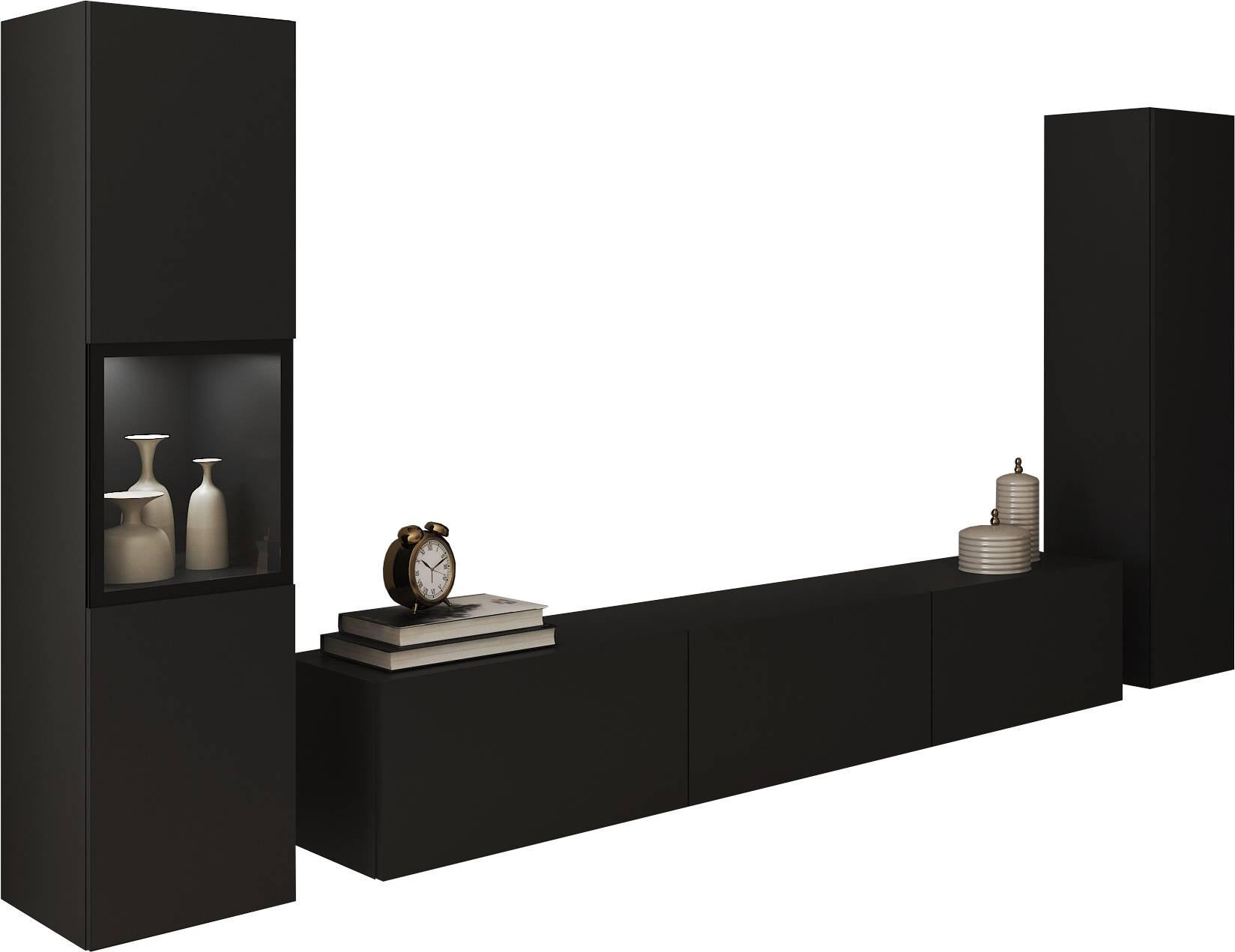 WOHNWAND Berlin 3-teilig in Schwarz 240/130/31 cm - Schwarz/Grau, Design, Glas/Holzwerkstoff (240/130/31cm) - MID.YOU