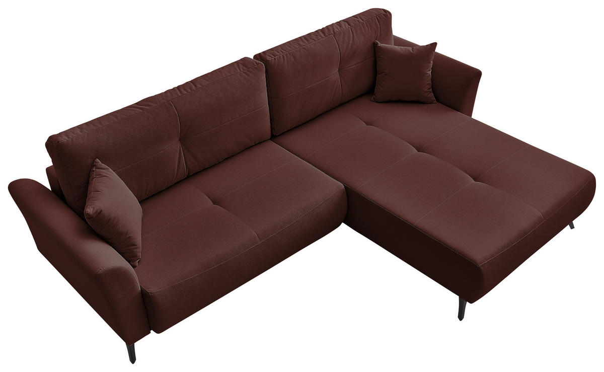 ECKSOFA GEMMA Bordeaux Flachgewebe Zierkissen, Rückenkissen, Bettkasten, Schlaffunktion, Rücken echt, Stauraum  - Bordeaux/Schwarz, Design, Textil/Metall (270/183cm) - P & B