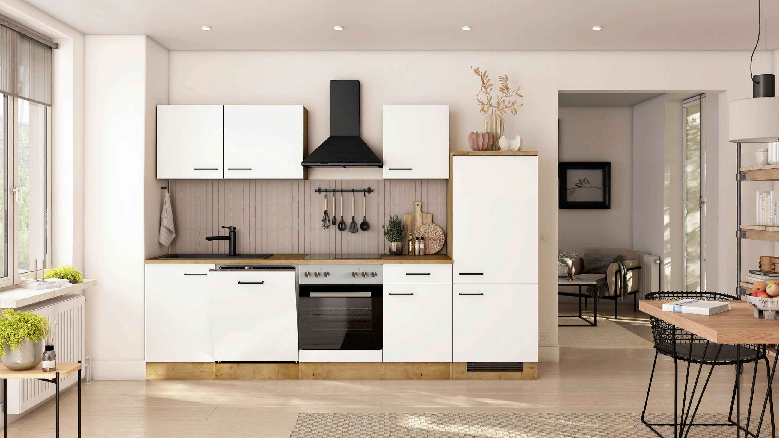 KÜCHENBLOCK 280 cm  in Eichefarben, Magnolie  - Eichefarben/Magnolie, Trend, Holzwerkstoff/Metall (280cm) - FlexWell