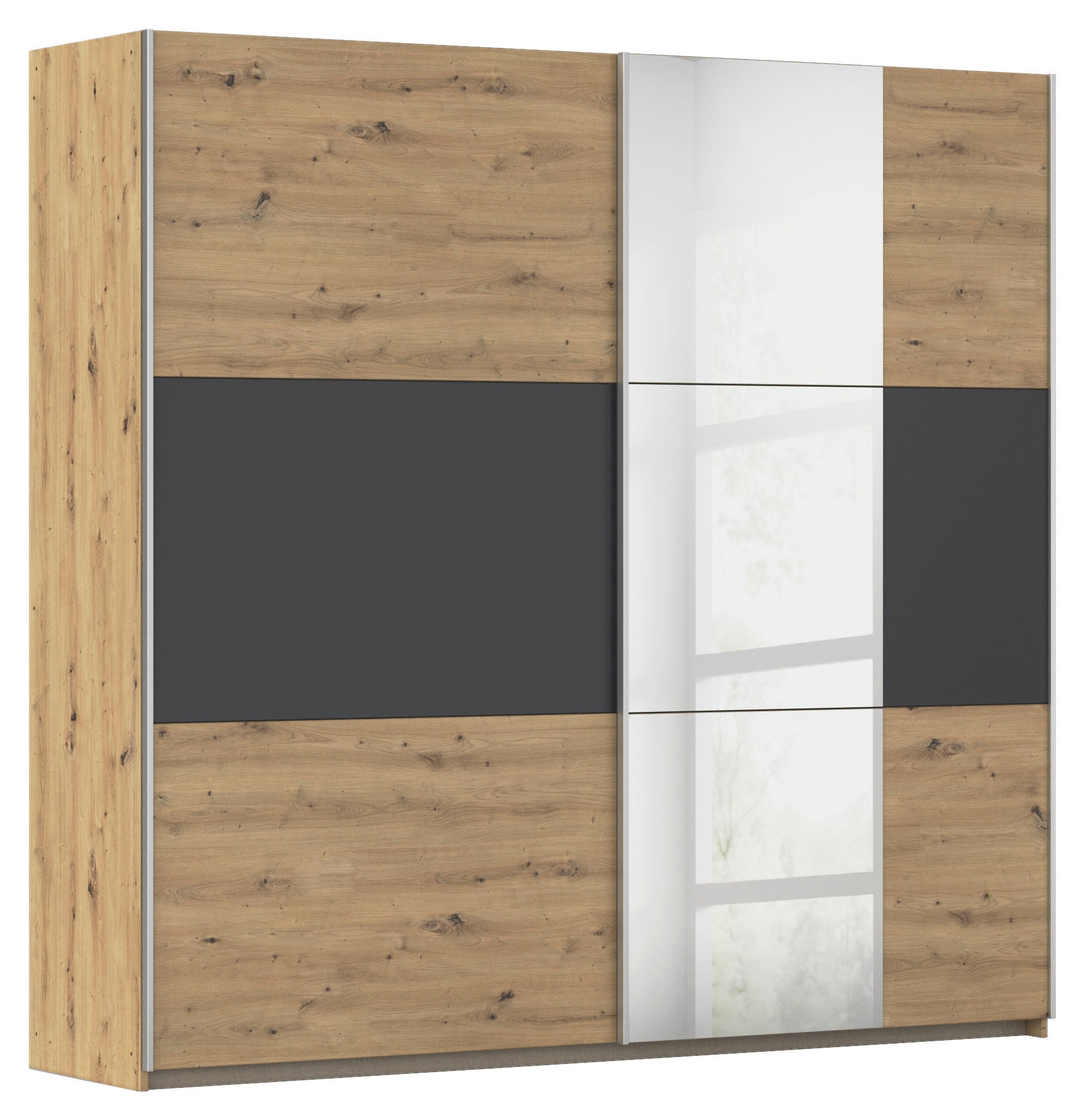 SCHWEBETÜRENSCHRANK 218/210/59 cm 2-türig Grau, Klar, Eiche Artisan  - Klar/Alufarben, KONVENTIONELL, Holzwerkstoff/Metall (218/210/59cm)