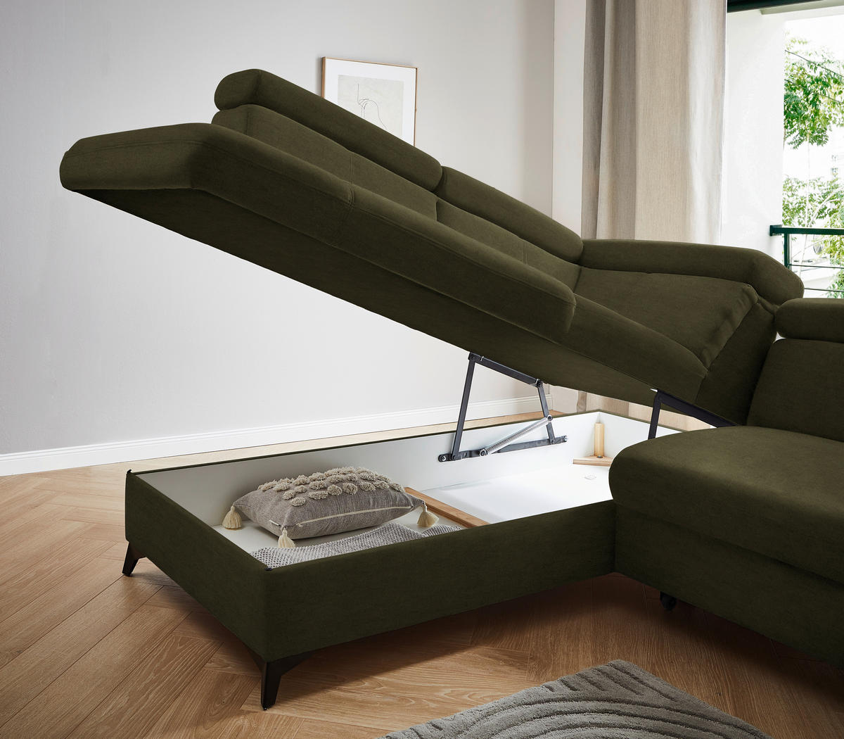 ECKSOFA in Mikrofaser Olivgrün  - Schwarz/Olivgrün, Design, Textil/Metall (203/260cm) - Stylife