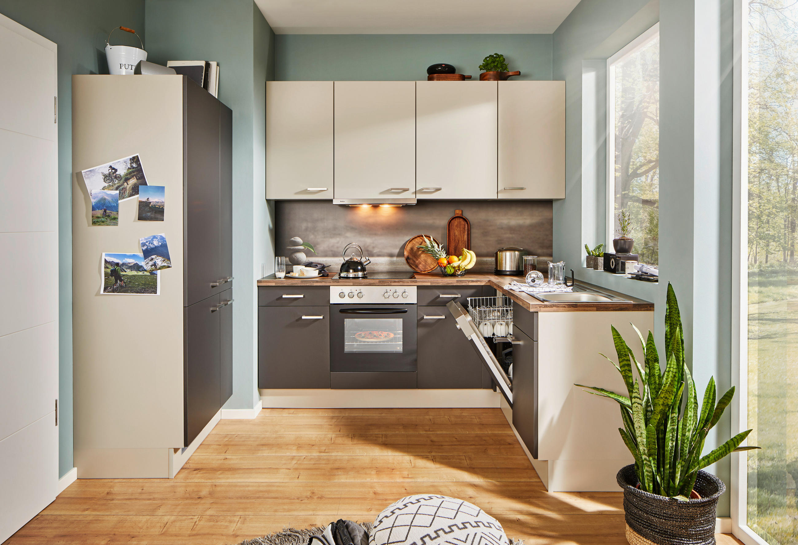 ECKKÜCHE  in Graphitfarben, Eichefarben, Hellgrau  - Edelstahlfarben/Eichefarben, Basics, Holzwerkstoff/Metall (90/285/175cm) - Venda