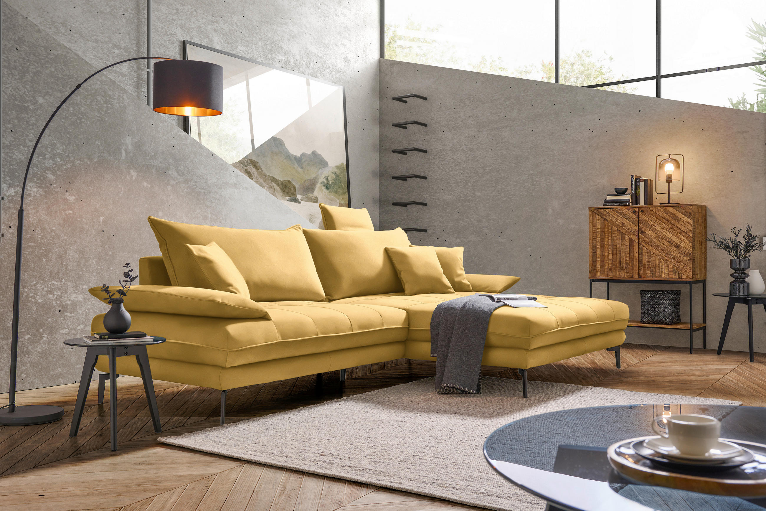 ECKSOFA PRATO Gelb Flachgewebe  - Gelb/Schwarz, MODERN, Textil/Metall (292/176cm) - MID.YOU