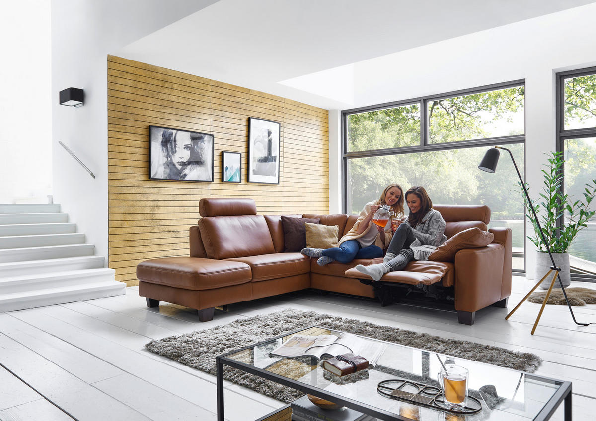 ECKSOFA in Echtleder Braun  - Eichefarben/Braun, Design, Leder/Holz (235/259cm) - Valdera